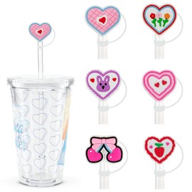 Valentines Day Straw Toppers Heart Straw Cover 6Pcs Cute Straw Topper Reusable Silicone Straw Covers 10mm Heart Shaped Straw Tips Lids Valentines Decorations Straw Cover Caps Drinking Straw Protector