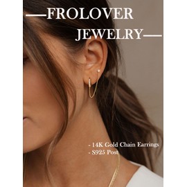FROLOVER 14K Gold Chain Earrings for Women Trendy Small Huggie Hoop Earrings Hypoallergenic Cubic Zirconia Stud Earrings Double Piercing Drop Dangle Earrings for Women