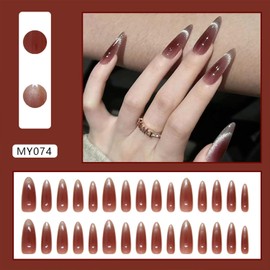 Wine Red Cat Eye Press on Nails Long Almond Fake Nails With Glitter Designs French Tip False Nails Acrylic Glue on Nails Full Cover Stick on Nails Reusable Artificial Nails for Women 30 Pcs