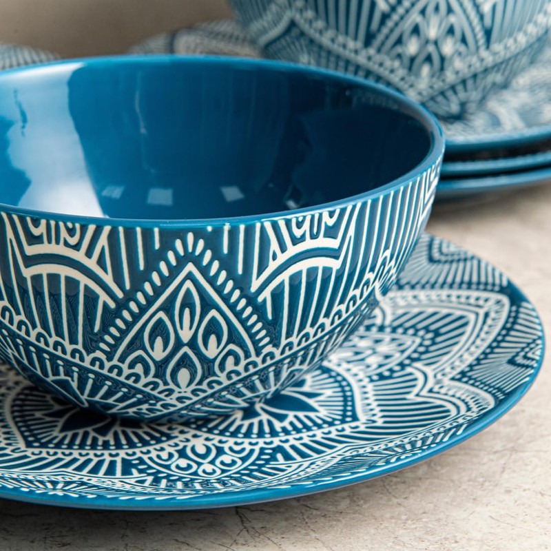 Bzyoo 12-Piece Ceramic Dinnerware Set: La La Mandala Blue Dish