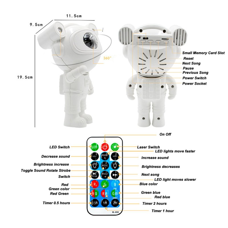 Spaceman Projector Remote Control 84 Light Effects BT Speaker Timer