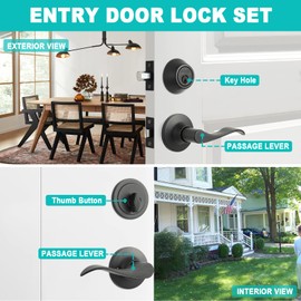 GUA OYH Front Door Lock Set Matte Black Entry Door Handle Sets with Single Cylinder Deadbolt and Wave-Like Lever, Heavy Duty Front Door Handleset Door Handles for Front Door or Office Door