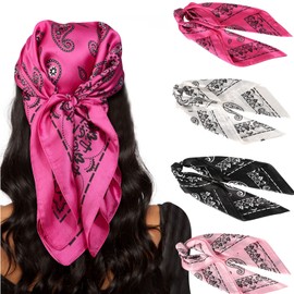 AWAYTR 27.5” Silk Satin Square Head Scarf - 4PCS Satin Head Scarves for Women Hair Kerchief Bandanas Sleeping Head Wraps(Cashew (Rose+Pink+Black+White))