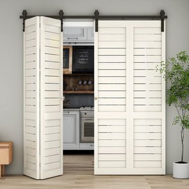 TSMST 52" Bi-Folding Sliding Barn Door Hardware Track Kit for 4 Doors,Heavy Duty Sturdy Bifold Barn Door Hardware Kit,Easy to Assemble,Smoothly and Quietly,J Shape(No Door)