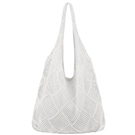 BRDTKUGV Women’s Crochet Beach Bag, Stylish Woven Mesh Shopping Tote, Lightweight Knit Shoulder Bag, Eco-Friendly Reusable Grocery Bagfor Travel Shopping Vacation Beach Work(White)