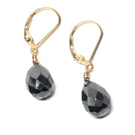 Hematite Faceted Teardrop Lever Back Earrings Gold-Filled