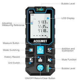 Laser Measurement Tool, ACEGMEACEGMET Laser Measure, 393ft/120m Laser Measurement Tool, Laser Measuring Tool with 2 Bubble Levels, LCD Backlit Display, IP54 Waterproof, Pythagorean Mode for Distance, Area, VolumeaT 393 Ft Laser Tape Measure ±1/16-inch Accuracy, M/in/Ft Unit Switching Backlit LCD with Mute Button Laser Measure, Pythagorean Mode, Area and Volume Digital Tape Measure