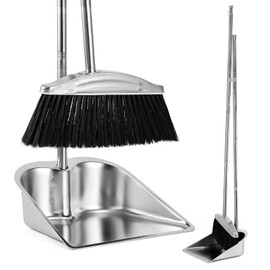 VOOWO Broom with Dustpan Combo Set, 46" Stainless Steel Broom and Dustpan Set for Home, Heavy Duty Dust Pan with Long Handle, Broom for Sweeping Indoor and Outdoor, Kitchen Broom and Dust Pan (Black)