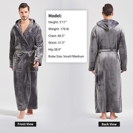 FashGudim Mens Robes Big and Tall with Hood Flannel Fleece Men Bathrobe with Hood Full Length Plush Long Robe Warm House Robe (Grey, 5XL)
