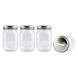 Cornucopia Small Coin Bank Jars (4-Pack, Clear); 16oz Clear Plastic Mason Jar Coin Banks w/Gold Slotted Lids