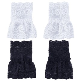 GORGECRAFT 2 Pairs 2 Color False Sleeves Wrist Cuffs Cotton Short Lace Gloves Fingerless Wrist Cuff Stretch Victorian Costume Accessory for Driving Wedding Bridal Prom Party Women Ladies Black White