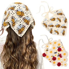 HAIMEIKANG Floral Crochet Hair Bandanas Headscarf 2 PCS Women Hair Scarf Daisy Headband Vintage Head Kerchief for Girls(Ladybug + Bee)