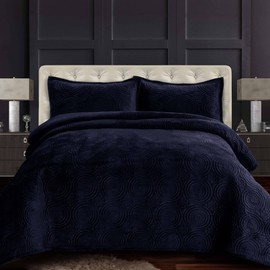 Tribeca Living Oversized Velvet Quilt Set King - Buttery Soft 260GSM Velvet Bedding for Luxurious Comfort - Double-Sided Capri Medallion Quilted Design in Rich Indigo
