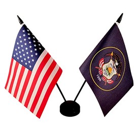 Zigvert America & North Dakota Twin Desk Flag, US North Dakota Table Flags, 8 x 5 Inches American & North Dakota Deluxe Desk Flag Set - Miniature USA & North Dakota Stick Flag with Flag Stand