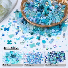 Umillars 300pcs Nail Art Charms Kit, 100pcs Resin y2k Nail Charms with 100 pcs Mixed Flatback Nail Rhinestones Pearls and 100pcs Nail Glitter Sequins for Nails DIY Manicure Supplies Accessories