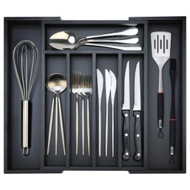Bamboo Kitchen Drawer Organizer Tray Black Expandable Spoon Silverware Organizer Large Utensil Holder Drawers Divider Adjustable Cutlery Flatware Organizers for Drawer Wood Utensil Silverware Tray