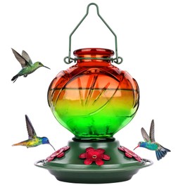 BOLITE Hummingbird Feeder, Glass Hummingbird Feeders for Outdoors Hanging, 22 Ounce, Five Feeding Ports with Perch, Peony Flower Shape, Orange and Green