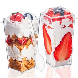 TOFLEN 50 Pack 3 oz Mini Dessert Cups with Lids and Spoons, Square Tall Plastic Dessert Shooters Party Serving Tumbler Cups for Parfait Appetizers & Dessert Shot Glasses