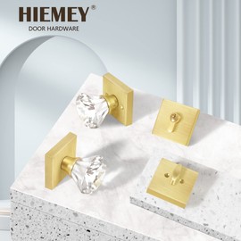 HIEMEY Satin Brass Diamond Glass Crystal Door Knob and Single Cylinder Deadbolt Set