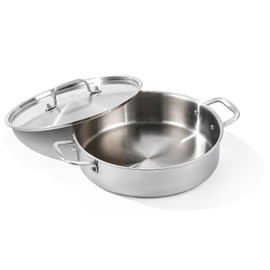 DELARLO Tri-Ply Stainless Steel 6 Quart Braiser Pan with Lid Induction Rondeau Pot With Lid 12inch Deep Frying Pan Large Saute Pan Heavy Duty Style Compatible With All Cooktops Up to 650℉