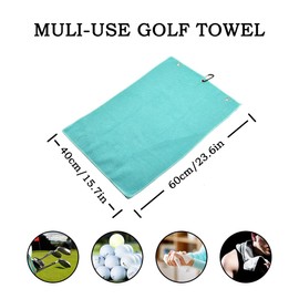 HYYPME 2 Pack Tri-fold Golf Towel Set, Microfiber Fabric Waffle Pattern Towels, Outdoor Sport Towels Heavy Duty Carabiner Clip (2 Pcs, 2 Colors) (Turquoise Blue + White)