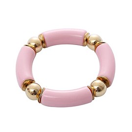 Chunky Acrylic Bamboo Tube Curved Bangle Bracelet for Women Colorful Resin Stacking Stretchy Beaded Bracelet Friendship Summer Beach Holiday Jewelry-B pink