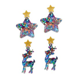 Agriajun Christmas Star Reindeer Dangle Drop Earrings Set for Women，2 Pairs Large Fun Rainbow Sparkly Holiday Xmas Santa Accessories Jewelry Bulk Gift