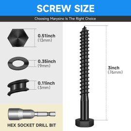 (12-Set) 5/16 x 3 Lag Bolts, Stainless Steel Heavy Duty Hex Head Lag Screws for Wood, Commercial/Industrial Grade 5/16 Bolts, Mounting Screws Bolts Kit, Black Oxided by Marysino