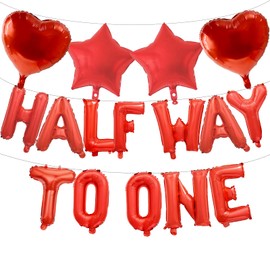 16 Inch Red HALF WAY TO ONE Letter Balloons Banner with 18-Inch Heart and Star Foil Mylar Balloons for 1/2 Half Birthday Decorations, 6 Months Baby Girl Milestone Celebration Party Supplies