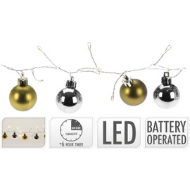 com-four® LED light chain with Christmas balls and timer - illuminated ball garland for an atmospheric Christmas decoration - Christmas decoration for the Christmas tree (gold color + silver color)