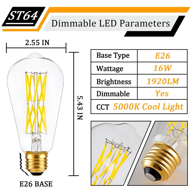 CREATE BRIGHT 16W Dimmable ST64 Led Bulbs 5000K Daylight White