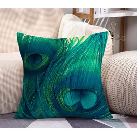 Xihomeli Abstract Peacock Pillow Covers Bright Color Peacock Feather Cotton Linen Cushion Covers Square Standard Pillowcase Home Sofa Decorative for 22 x 22 Inches, Blue Green (Peacock Feather, 22x22)