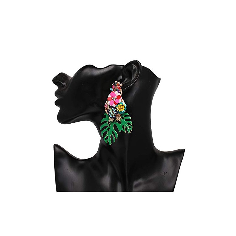 Green Enamel Leaf with Colourful Flowers Statement Earrings