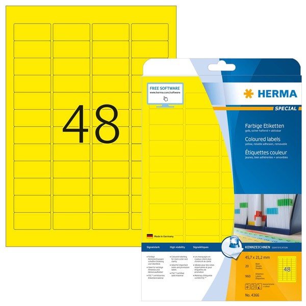 HERMA 4366 Farbige Etiketten gelb ablösbar, 20 Blatt, 45,7 x