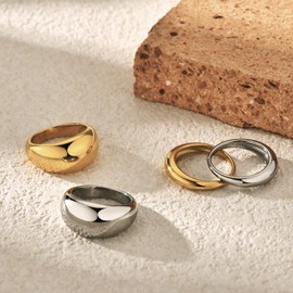 NOKMIT Chunky Dome Rings for Women Dainty 14K Gold Silver Tone Cute Bold Dome Statement Ring Thick Minimalist Thumb Band High Polished Smooth Comfort Fit (Thick Gold & Silver, 5)