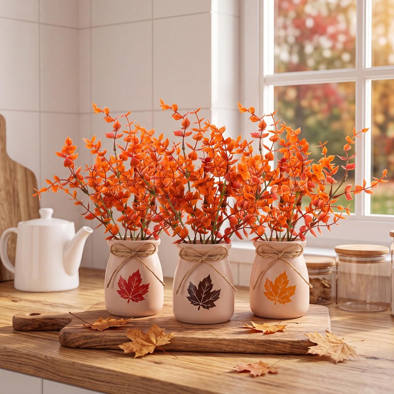 6 Set Fall Mini Mason Jar Centerpieces, Rustic Glass Vases