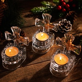H&D HYALINE & DORA Set of 3 Clear Glass Cross Candle Holder 4" High Christian Tea Light Holder Cross Crystal Votive Candle Holders for Religious Gift in Box