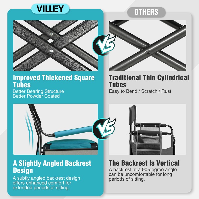 VILLEY Heavy Duty Directors Chair, Folding Camping Chairs, with Cooler