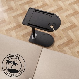 YUHFERA 360° Rotatable Sofa Tray Table for Couch Arm - Height Adjustable End Table for Bed or Chair with Phone & Tablet Slots, TV Tray Table, Side Table Tray for Small Spaces（Black,Arc）