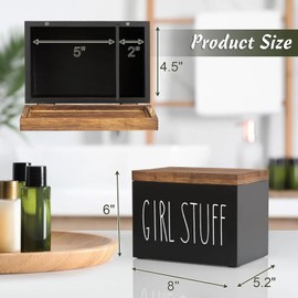 Jomeis Girl Stuff Storage Box | Bathroom Organizer for Feminine Hygiene Products | Wooden with Hinged Lid | Discreet & Stylish Storage for Pads, Tampons, Liners - Black & Natural Wood