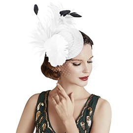 JINTN Women Flower Cocktail Tea Party Headwear Elegant Feather Fascinator Hat Ladies Mesh Bridal Wedding Fascinator Hairdress Girl Pillbox Fascinator Hat Ladies Headpiece White