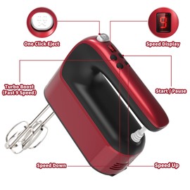 Yomelo 9-Speed Digital Hand Mixer Electric, 400W Powerful DC Motor, Baking Handheld with Snap-On Storage Case, 5 Stainless Steel Accessories, Flat Beaters, Dough Hooks, Whisk(Red)