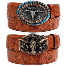 VASTRISE 2Pcs Western Cowboy Belt Gold & turquoise stone,Men Western Embossed Waist Strap PU Leather Belt with Bull Decoration,14 perforations Fit 28"-41"