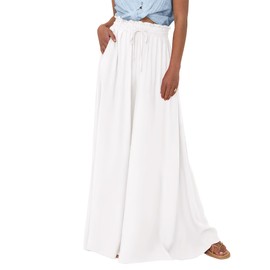 BTFBM Women Casual High Waist Wide Leg Pants Summer Floral Solid Long Palazzo Pants Lounge Beach Trousers with Pocket(Solid White, Large)