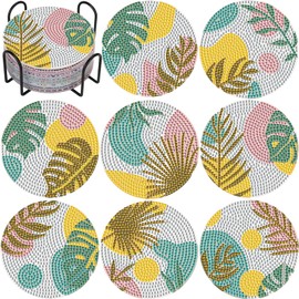 DIY Diamond Art Coasters with Holder, Boho Diamond Coasters Painting Coasters, Colorful Leaves Painting Kits for for Adults, Diamond Art Craft Kits (8 Pcs Pink Leaf Style with Holder)