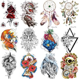 12 Sheets Temporary Tattoos for Men Women, Half Arm Waterproof Temp Tattoo Stickers, Multi-Colored Mixed Style Body Art Fish Dragon Birthday Party Decoration Supplies Gifts for Adults