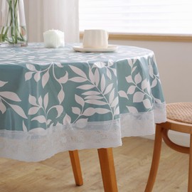 Vinyl Tablecloth with Flannel Backing 60in Round Waterproof Non-Slip Leaf Lace Trim Wipe Clean Table Cover for Indoor/Outdoor, Picnic, Dining Table Protection