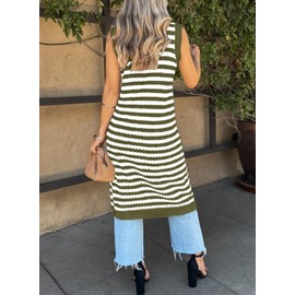 BLENCOT Womens V Neck Striped Vest Cardigan Knit Sweater Dress Casual Sleeveless Button Up Long Tank Cover Up Dress Green S