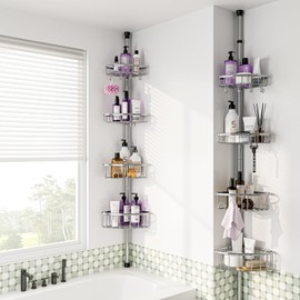 Corner Shower Caddy Tension Pole: Stainless Steel Rustproof 4-Tier Shower Organizer - 47-121 inch Adjustable Bathroom Shelves for Bathtub Shampoo Storage - Tension Rod Floor Standing Bath Rack -Sliver