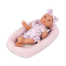 LullaBaby – 14-Inch Realistic Baby Doll – Brown Eyes & Soft Body – Clothing Floral Sleeper, Headband & Pacifier – Plush Bassinet Bed – Pretend Play 2+ Years – Floor Pillow Set